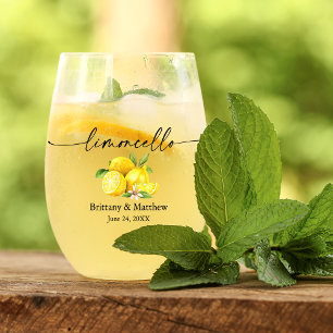 Calligraphy Ink Watercolor Lemons Limoncello Stemless Wine Glass