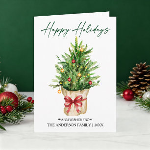Calligraphy Ink Watercolor Pine Red Bow Folded Holiday Card