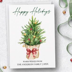 Calligraphy Ink Watercolor Pine Red Bow Holiday Card