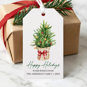 Calligraphy Ink Watercolor Pine Red Bow Holiday Gift Tags