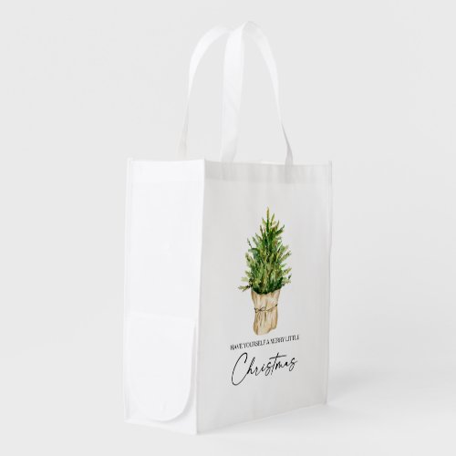 Calligraphy Ink Watercolor Pine Tree Christmas Grocery Bag