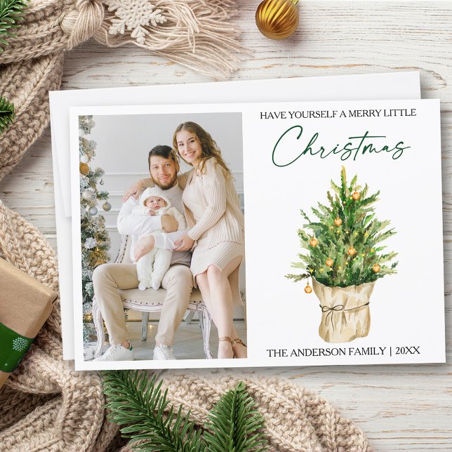 Calligraphy Ink Watercolor Pine Tree Photo Holiday Card (Customize to change your personalized text size or text style)