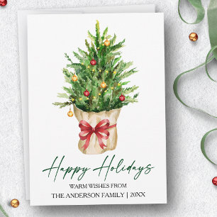 Calligraphy Ink Watercolor Pine Tree Red Bow Holiday Card