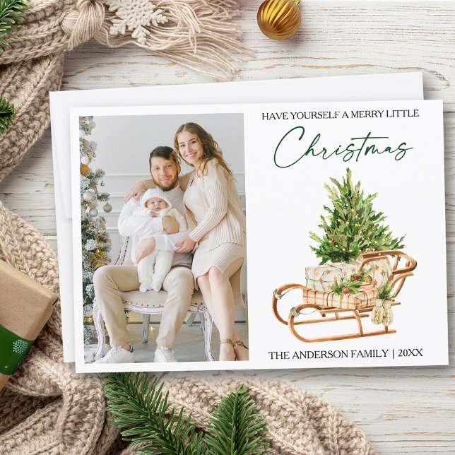 Calligraphy Ink Watercolor Pines Sleigh Photo Holiday Card (Customize to change your personalized text size or text style)