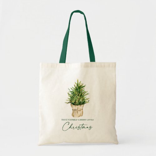 Calligraphy Ink Watercolor Tree Christmas Green Tote Bag