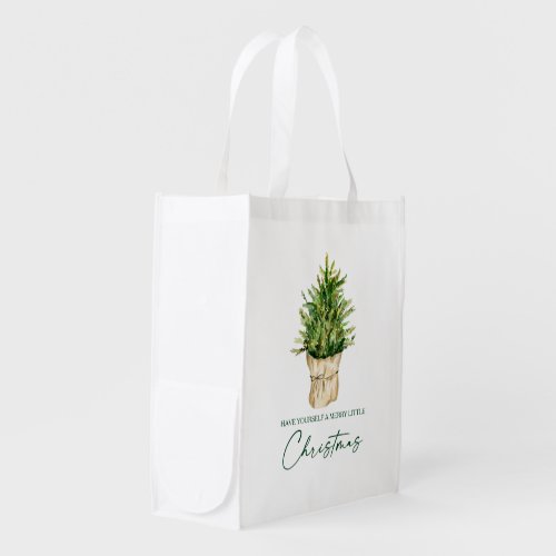 Calligraphy Ink Watercolor Tree Green Christmas Grocery Bag