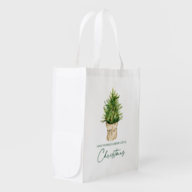 Calligraphy Ink Watercolor Tree Green Christmas Grocery Bag (Front Side)