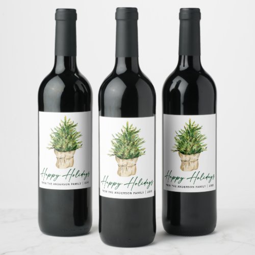 Calligraphy Ink Watercolor Tree Minimalist Holiday Wine Label