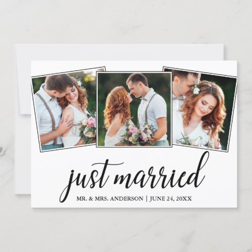 Calligraphy Just Married 3 Photo Wedding Card