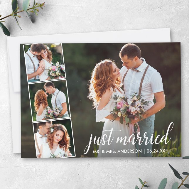 Calligraphy Just Married 4 Photo Announcement (Customize to add text or more photos to back of card.)