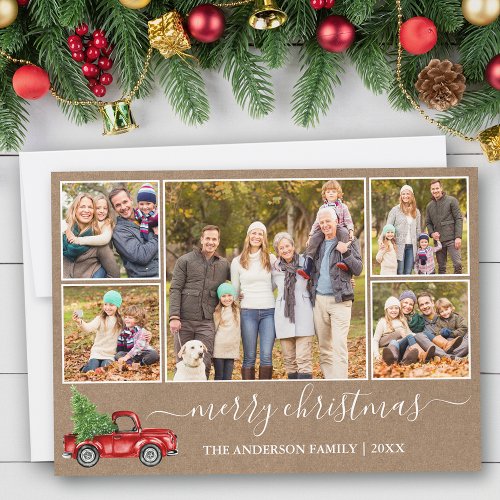 Calligraphy Kraft Christmas Red Truck 5 Photo Holiday Card