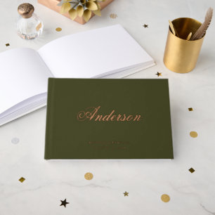 Calligraphy Last Name Dark Olive Green Wedding Foil Guest Book