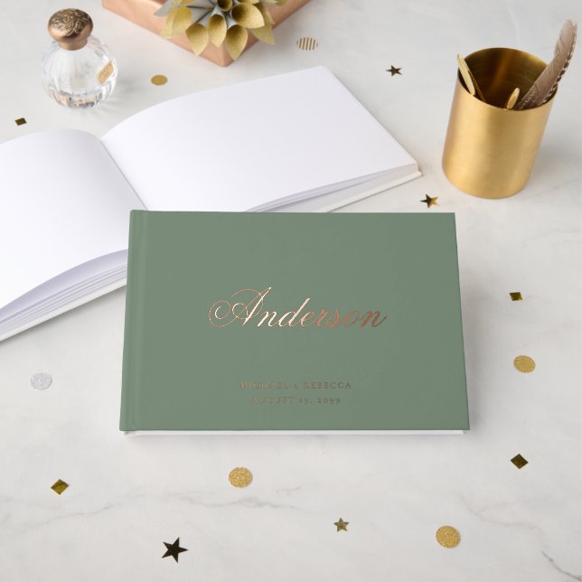 Calligraphy Last Name Dark Sage Green Wedding Foil Guest Book (Front Open)
