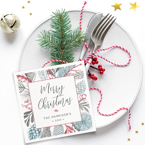 Calligraphy Lettering Merry Christmas Greenery Napkins