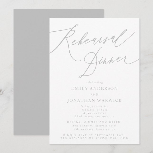 Calligraphy Light Gray Classic Wedding Rehearsal Invitation (Front/Back)