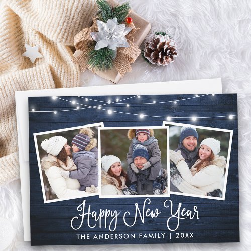Calligraphy Lights Blue Wood 3 Photo New Year Holiday Card