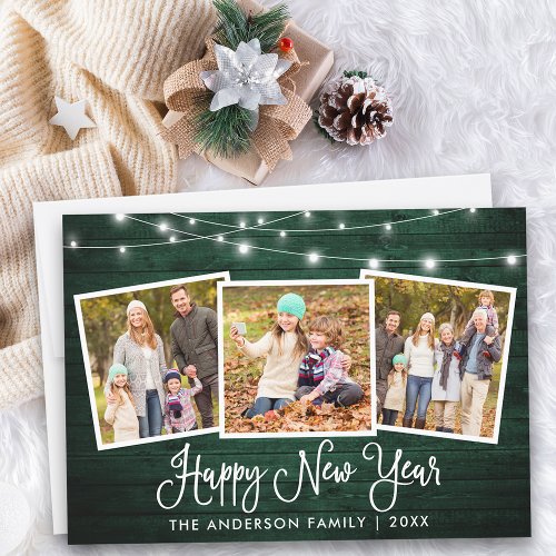 Calligraphy Lights Green Wood 3 Photo New Year Holiday Card