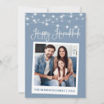 Calligraphy Lights Instant Camera Photo Hanukkah Holiday Card<br><div class="desc">Modern Fun Calligraphy Script,  Instant Camera Style Photo Happy Hanukkah Card - Dusty Blue with String Lights</div>