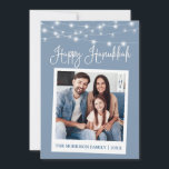 Calligraphy Lights Instant Camera Photo Hanukkah Holiday Card<br><div class="desc">Modern Fun Calligraphy Script,  Instant Camera Style Photo Happy Hanukkah Card - Dusty Blue with String Lights</div>