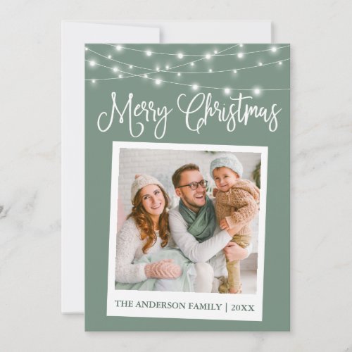 Calligraphy Lights Instant Camera Photo Sage Green Holiday Card