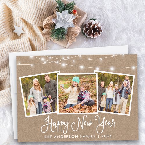 Calligraphy Lights Kraft 3 Photo Happy New Year Holiday Card