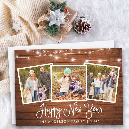 Calligraphy Lights Wood 3 Photo Happy New Year Holiday Card