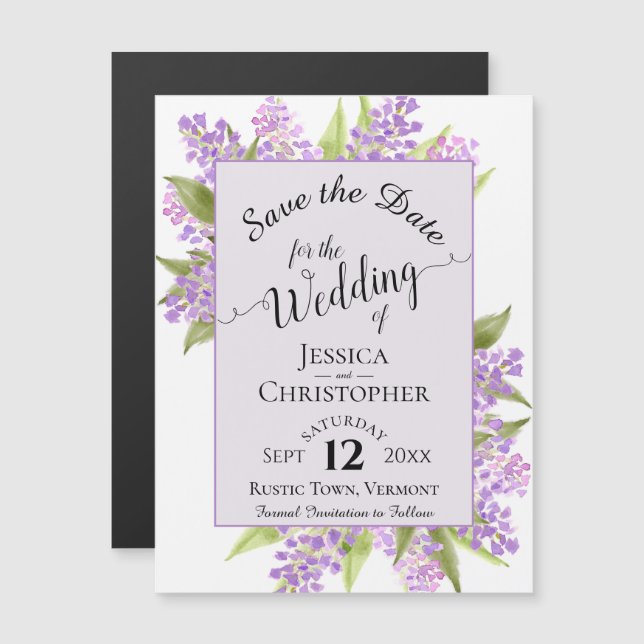 Calligraphy Lilacs Lavender Wedding Save the Date Magnetic Invitation (Front/Back)