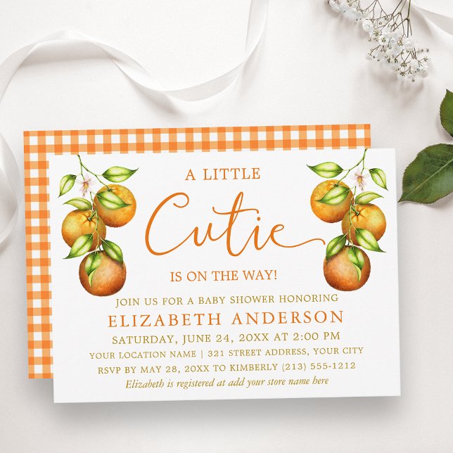 Calligraphy Little Cutie Baby Shower Gingham Invitation (Customize to change text size, color or style.)