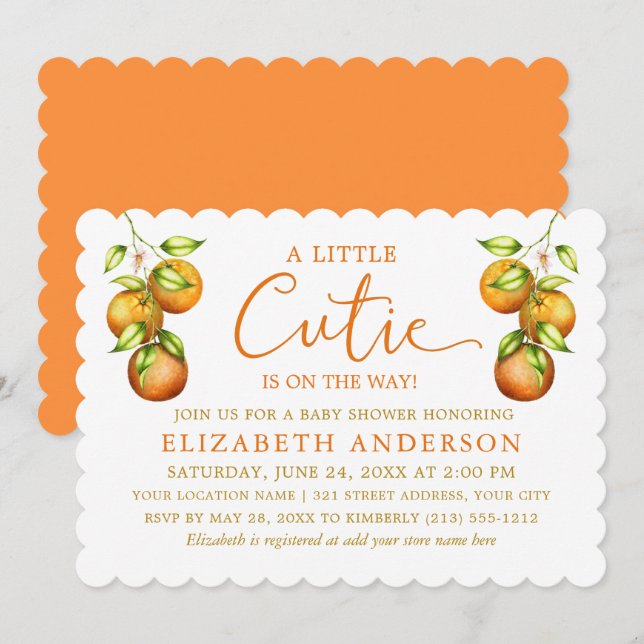 Calligraphy Little Cutie Baby Shower Gold Oranges Invitation (Front/Back)