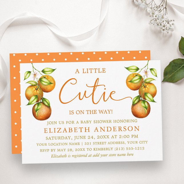 Calligraphy Little Cutie Baby Shower Oranges Dots Invitation (Customize to change text size, color or style.)