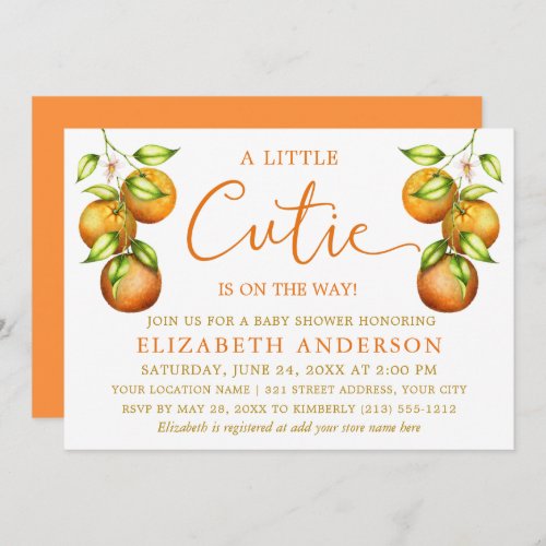 Calligraphy Little Cutie Baby Shower Oranges Gold Invitation
