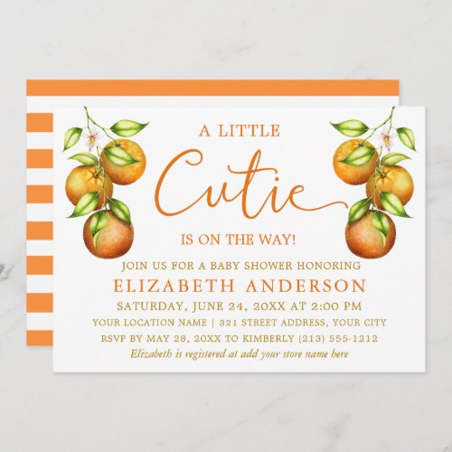 Calligraphy Little Cutie Shower Oranges Stripes Invitation