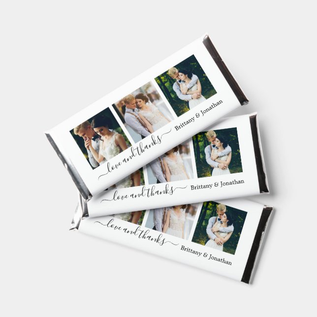 Calligraphy Love and Thanks 3 Photo Wedding Hershey Bar Favors (Front)