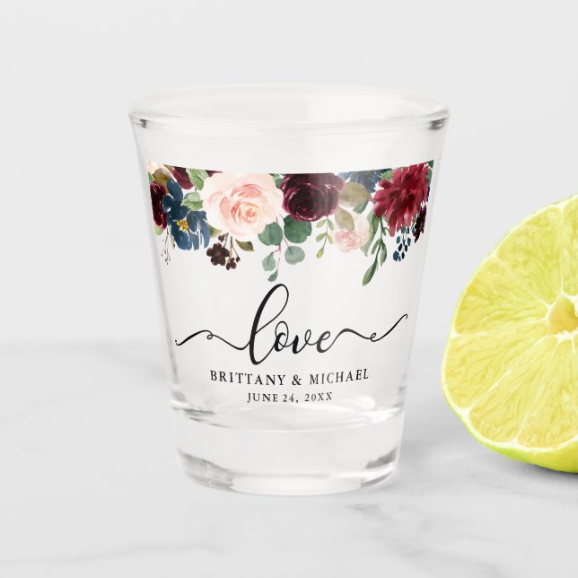 Calligraphy Love Burgundy Floral Wedding Shot Glass (Front)