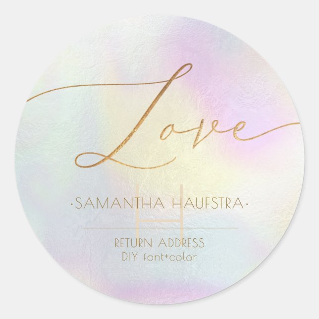 Calligraphy Love Faux Gold Foil Holographic Classic Round Sticker (Front)