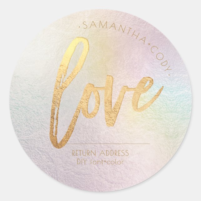 Calligraphy Love Faux Gold Foil Holographic Classic Round Sticker (Front)