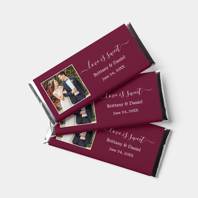 Calligraphy Love is Sweet Photo Wedding Burgundy Hershey Bar Favors (Front)