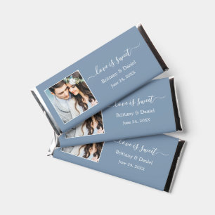 Calligraphy Love is Sweet Photo Wedding Dusty Blue Hershey Bar Favors
