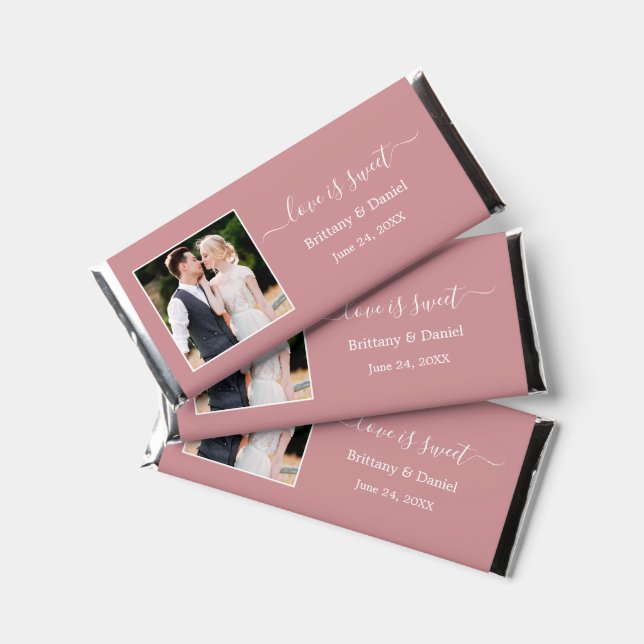 Calligraphy Love is Sweet Photo Wedding Dusty Rose Hershey Bar Favors (Front)