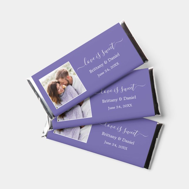 Calligraphy Love is Sweet Photo Wedding Periwinkle Hershey Bar Favors (Front)