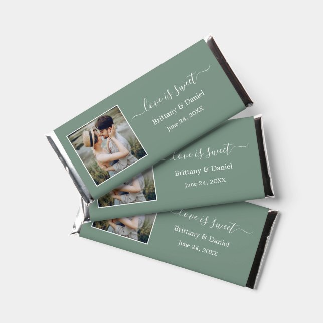Calligraphy Love is Sweet Photo Wedding Sage Green Hershey Bar Favors (Front)