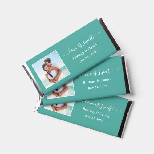 Calligraphy Love is Sweet Photo Wedding Teal Hershey Bar Favors