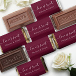 Calligraphy Love Is Sweet Wedding Burgundy Hershey's Miniatures<br><div class="desc">Elegant Calligraphy Love Is Sweet Bride and Groom Name Wedding Chocolate Candy Bars - Burgundy or choose background color</div>