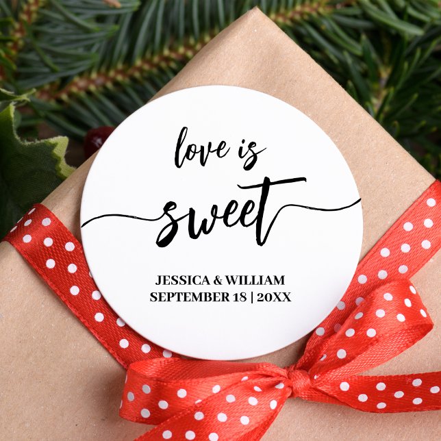 calligraphy love is sweet wedding favor classic round sticker (Creator Uploaded)