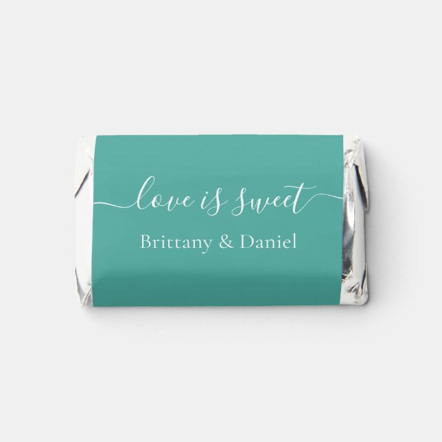 Calligraphy Love Is Sweet Wedding Teal Hershey's Miniatures (Front)