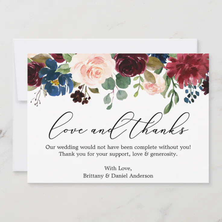 Calligraphy Love Thanks Burgundy Blue Floral Thank You Card 