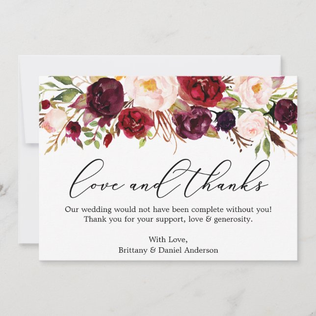 Calligraphy Love Thanks Burgundy Floral Thank You Card (Front)