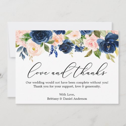 Calligraphy Love Thanks Classic Blue Pink Floral Thank You Card