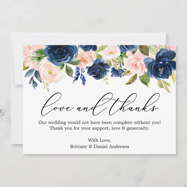 Calligraphy Love Thanks Classic Blue Pink Floral Thank You Card | Zazzle