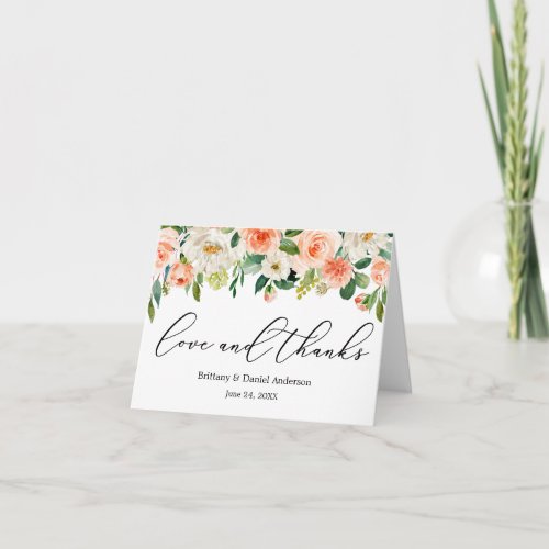 Calligraphy Love Thanks Coral White Floral Note Thank You Card